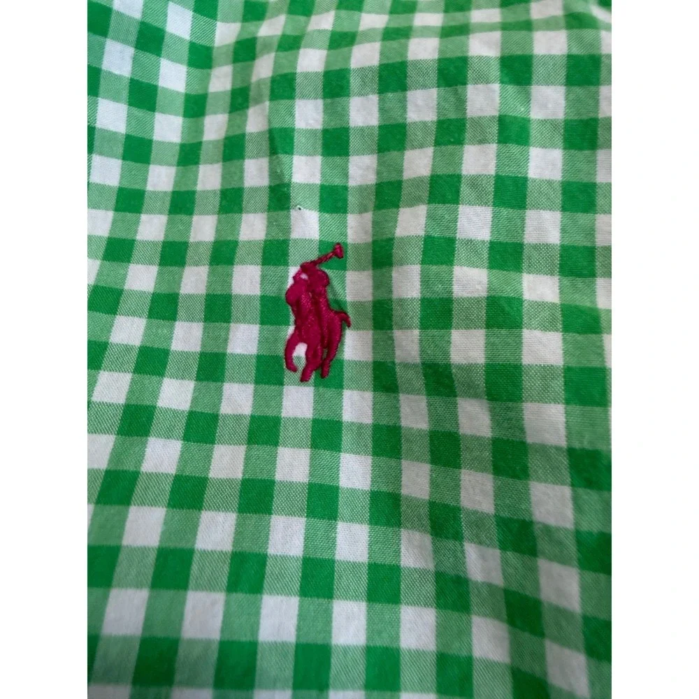 Ralph Lauren Boys Green Gingham Button Down Shirt Size 5 Pink Pony Logo